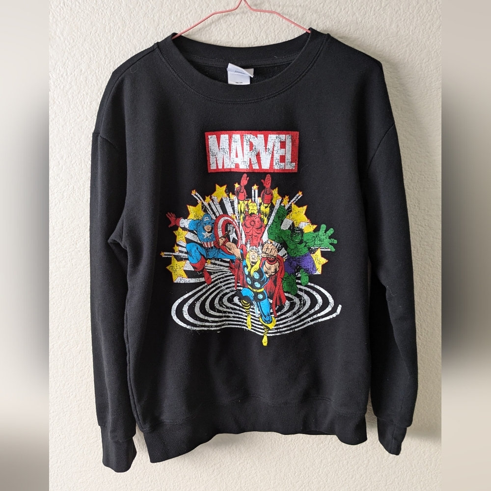 Marvel Sweater Womens Large Black AOP Superhero Crewneck Captain America Hulk L